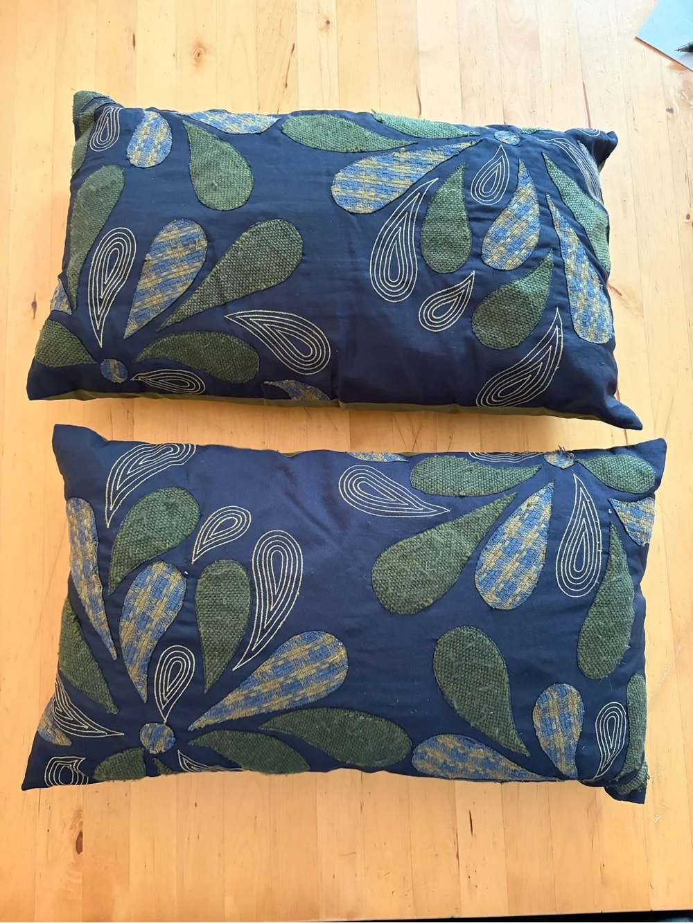 Pier 1 Navy Blue Decorative Pillow Pair with Green and Yellow Floral Teardrops